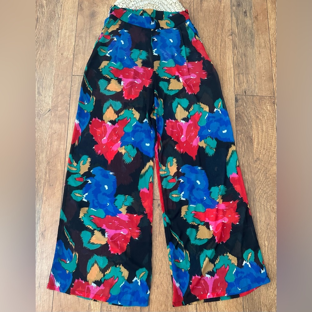 NWOT Black with Multicolor Flower Sheer Wide Leg Pants